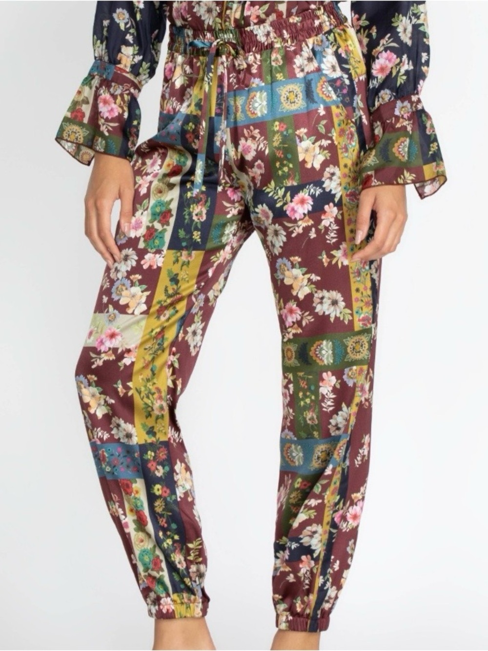 Johnny Was Laurie Presley Patchwork Silk Jogger Pants XL Womens Boho NEW